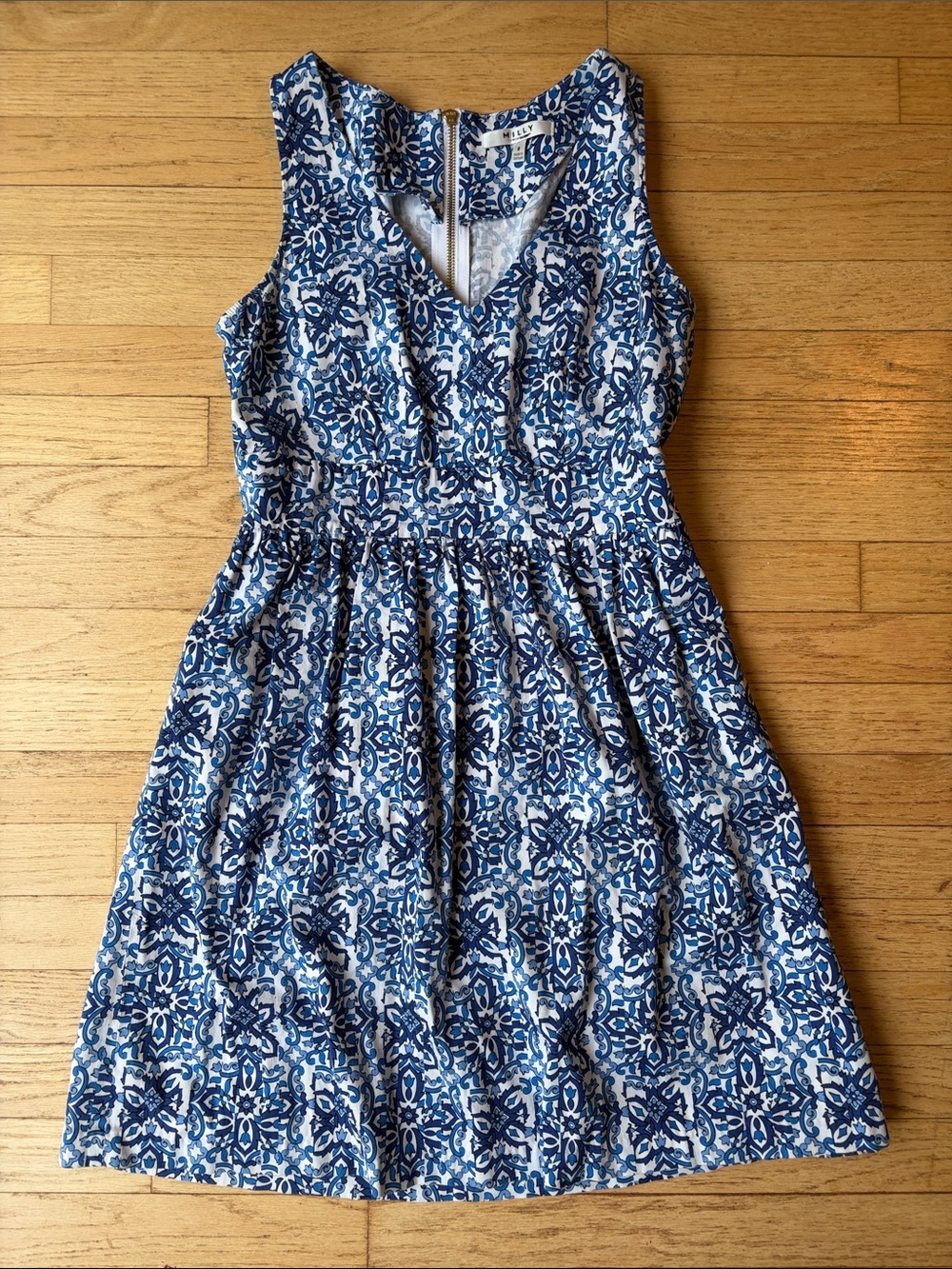 Milly Blue and White Floral-Print Sleeveless Dress